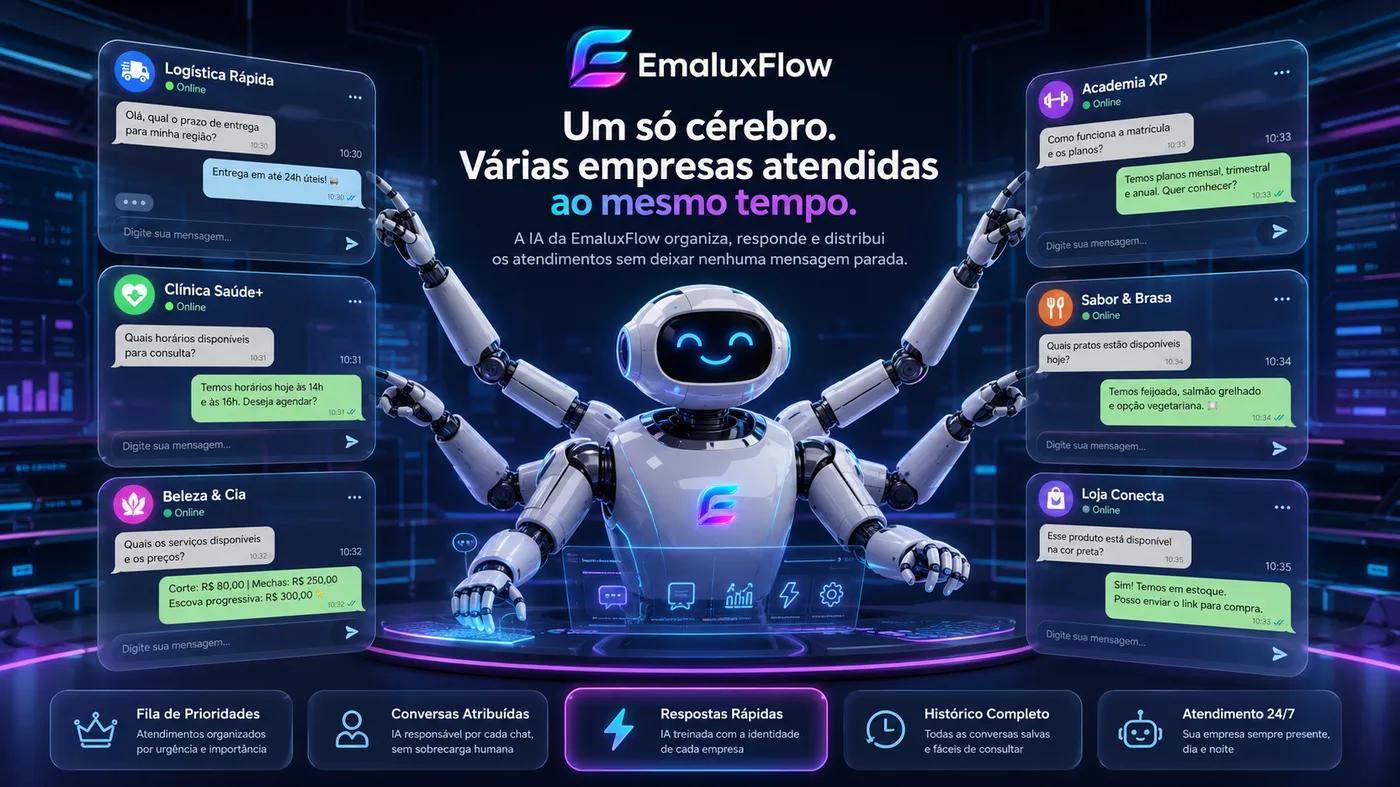 Um só cérebro, várias empresas atendidas ao mesmo tempo — IA do EmaluxFlow organizando conversas de vários segmentos