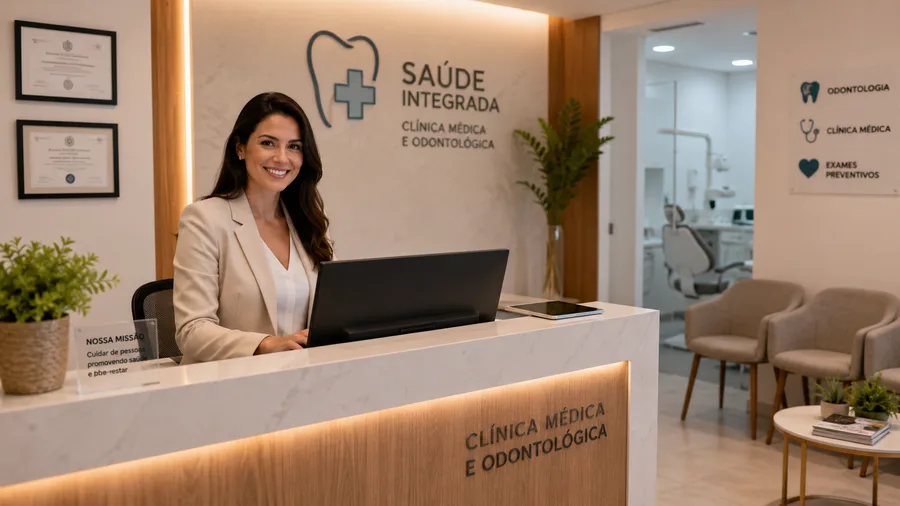 Recepção de clínica médica e odontológica atendida com apoio do EmaluxFlow